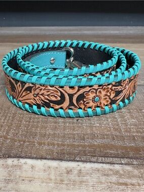 Myra Black Turquoise Crossbody Strap Hand tooled Replacement Purse Strap